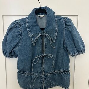 American Eagle Blue Denim Puff Sleeve Top